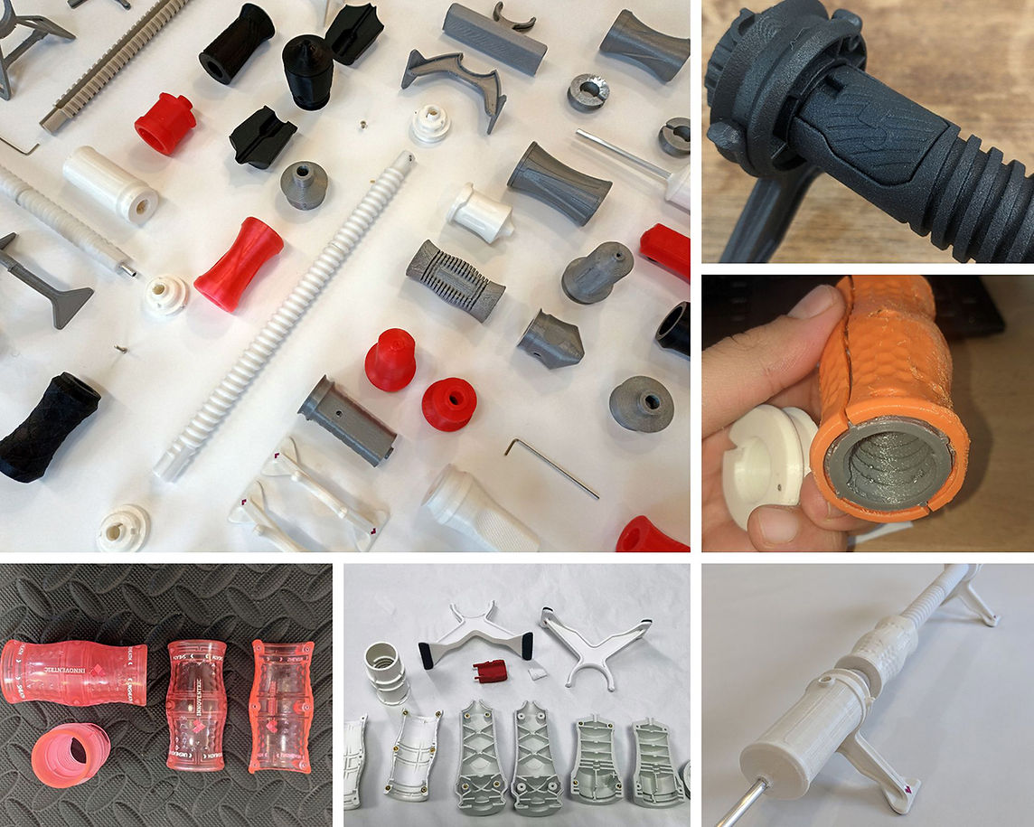 collage of 3d printed and injection molded parts