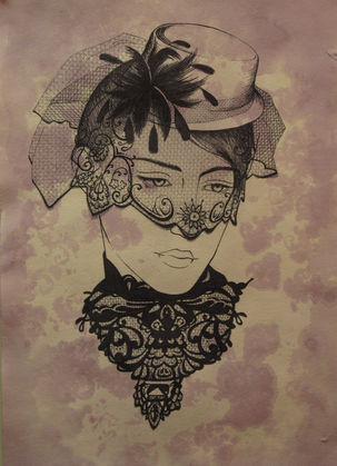 Ink illustration of a Victorian age woman on green tea and merlot stained water