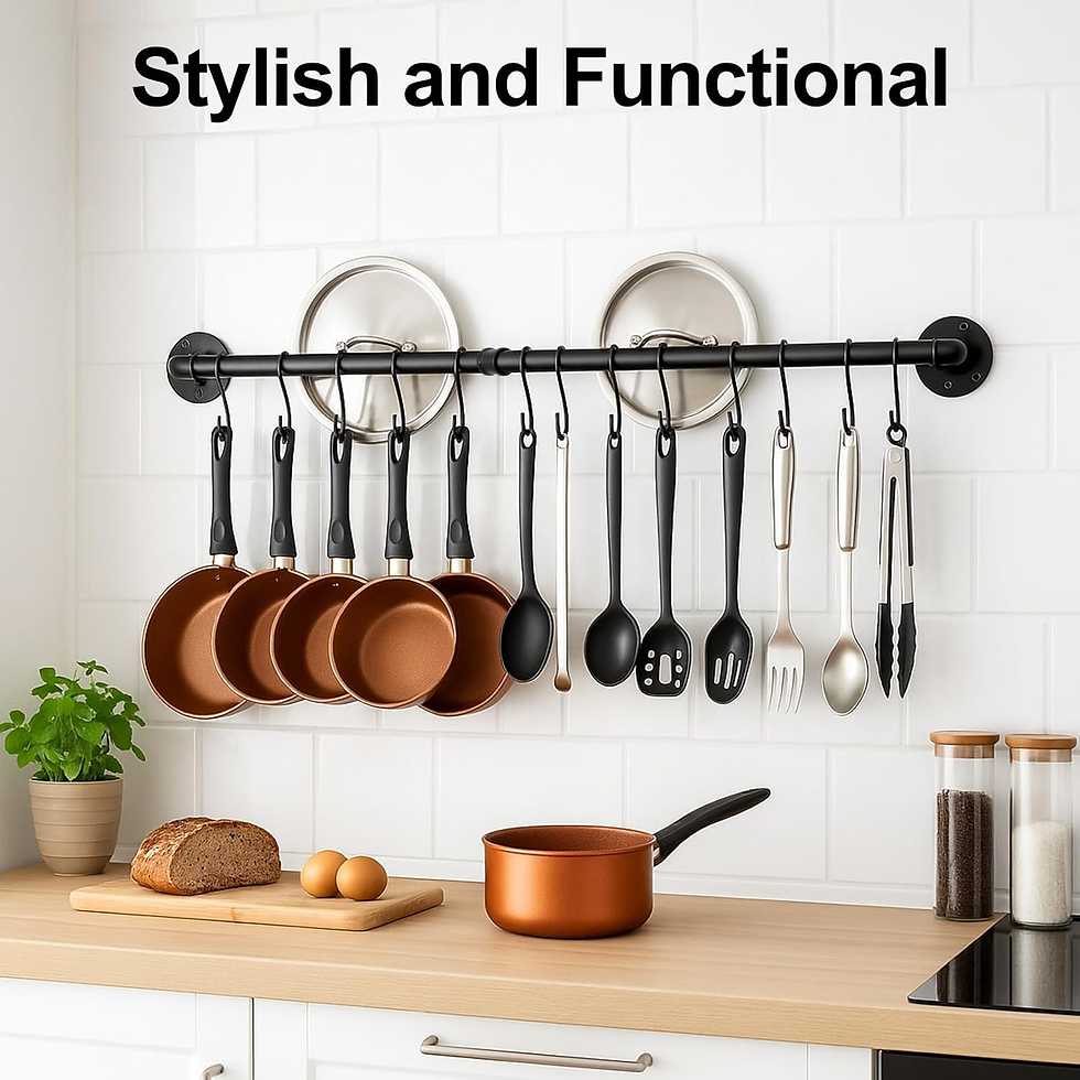 Kitchen bar to keeps pots, pans and lids off of the kitchen counter and saving space in the cupboards. Tidy and easy accessible.