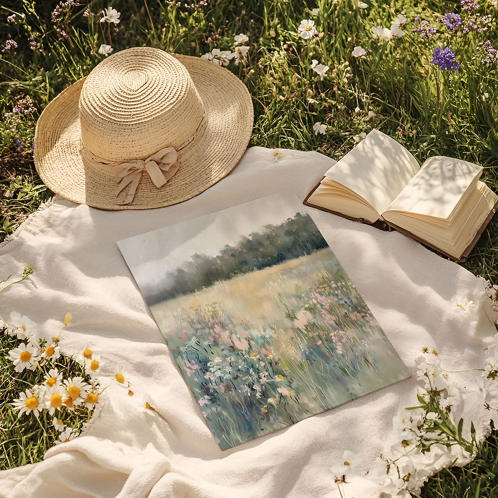 Thumbnail: A4 Page Art Print Mockup - Whimsical Wildflower Picnic Scene