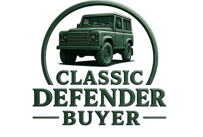 Classic Defender Buyer metallic green 3D logo featuring a Land Rover Defender illustration above bold text
