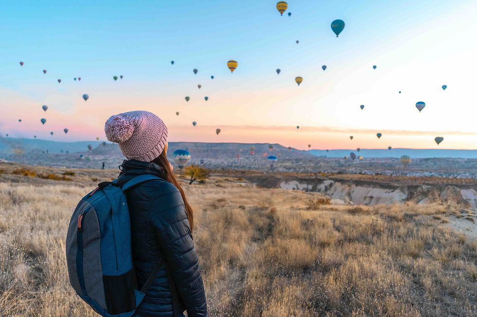 Une personne regarde l'horizon ouvert et lumineux, empli de mongolfiere. elle voit l'avenir avec enthousiasme et trouve sa place