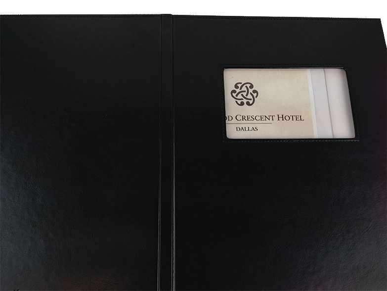 Insertable Deluxe Plaza menu cover with blank insertable window. Step 2: Slide in Logo Sleeve.