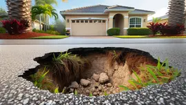 A small sinkhole forming in front of a Jacksonville home. Click to learn more about our sinkhole repair services.