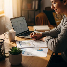 Calculator, magnifying glass, and scales over cash and charts. Arrow shows growth. Background features bar graphs and dollar signs.