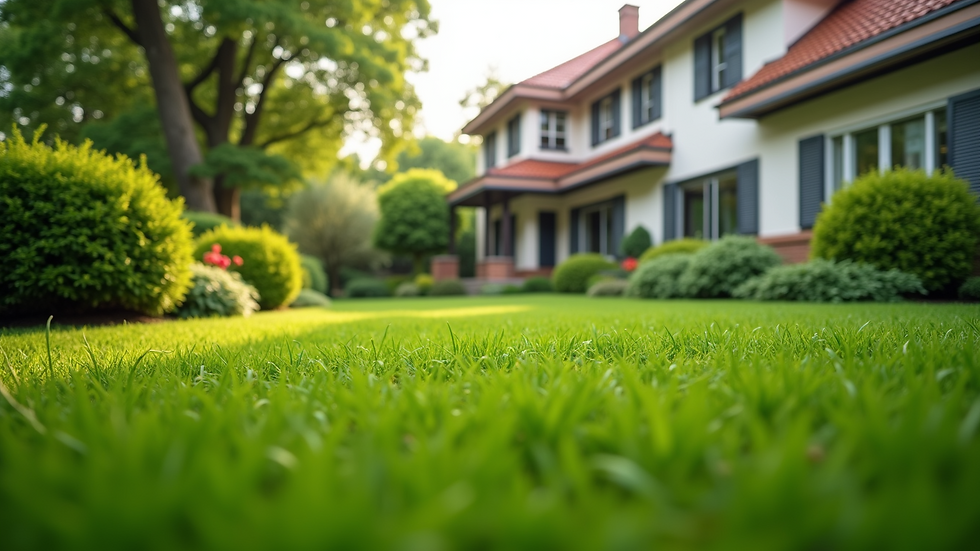 Eye-level view of a well-maintained lawn with healthy landscaping