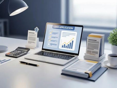 Laptop displaying a "Loan Application" screen on a desk with a lamp, calculator, coffee cup, papers, and a plant. Bright, organized workspace.