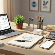 Office desk with laptop showing graphs, notepad with chart, calculator, phone, coffee, and plant. Bright window light, organizational mood.