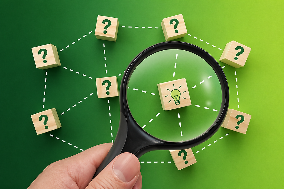 Monochromatic green gradient background illustration featuring a magnifying glass focusing on a central light bulb icon among connected wooden cubes with question marks, symbolizing problem solving, innovation, and idea development.