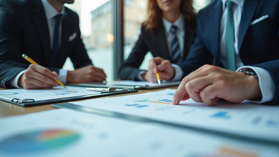 Close-up view of a business meeting discussing financial charts