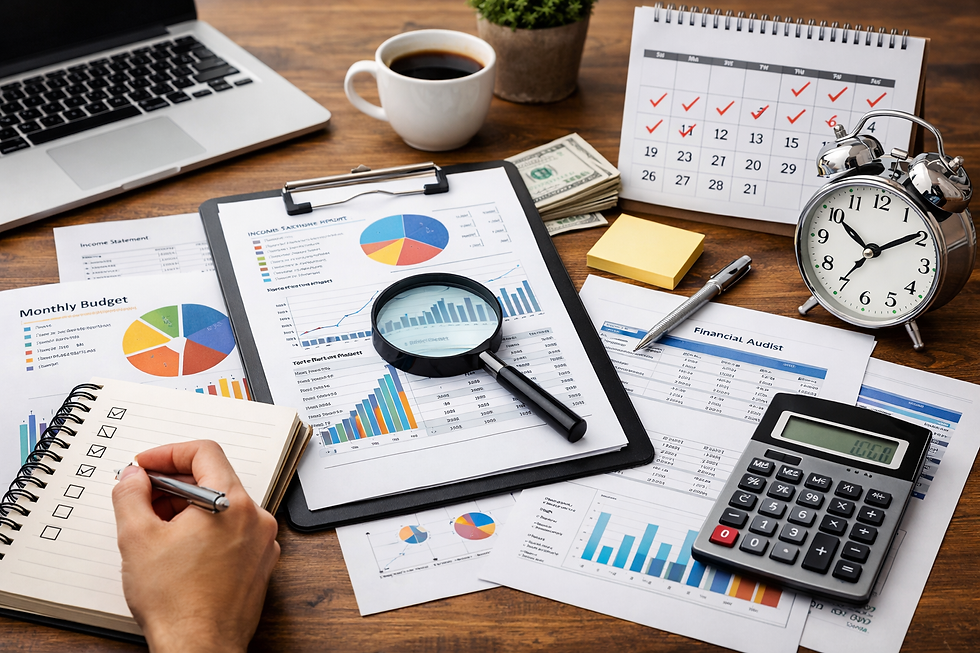 A high-resolution photo of a wooden desk set up for a monthly financial audit, featuring printed financial reports with colorful pie charts and bar graphs, a clipboard with budget documents, a magnifying glass placed over a chart, a calculator, a silver analog alarm clock, a desk calendar with check marks, a stack of cash, a laptop in the background, and a hand writing in a checklist notebook.