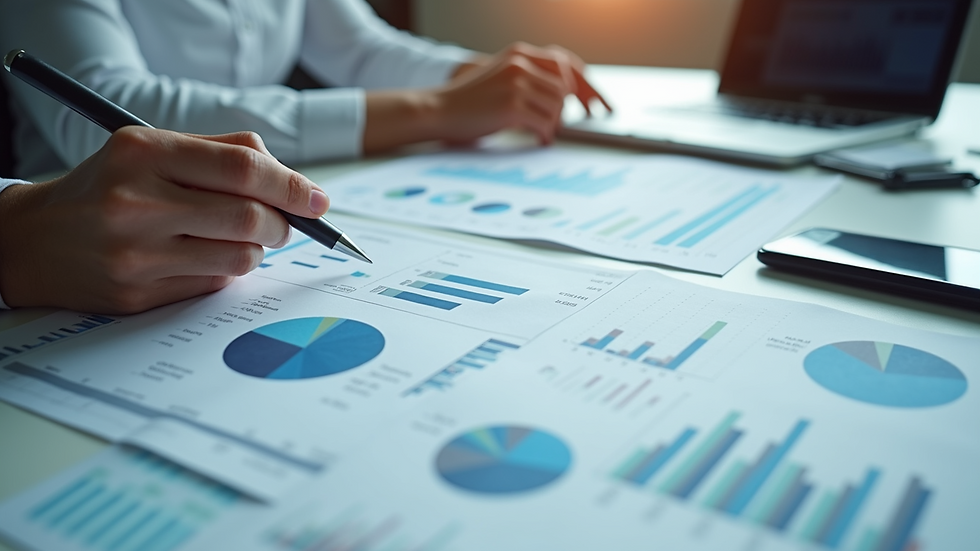 High angle view of financial charts and graphs on a desk
