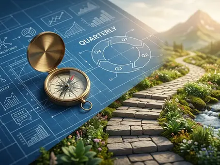 Compass on a blueprint with "Quarterly" diagrams, beside a scenic mountain path with vibrant flowers and a flowing stream.