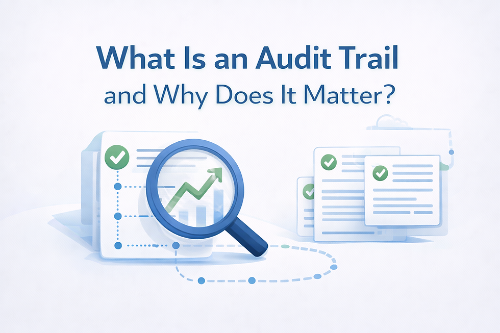 Magnifying glass over documents with charts and checkmarks. Text reads: What Is an Audit Trail and Why Does It Matter? Pale blue theme.