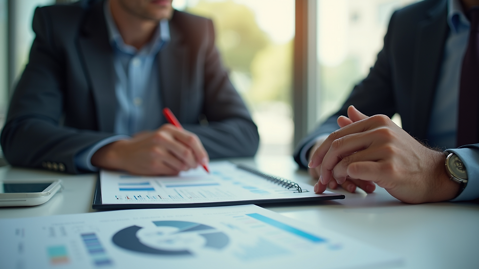 Close-up view of a business advisor discussing financial charts with a client