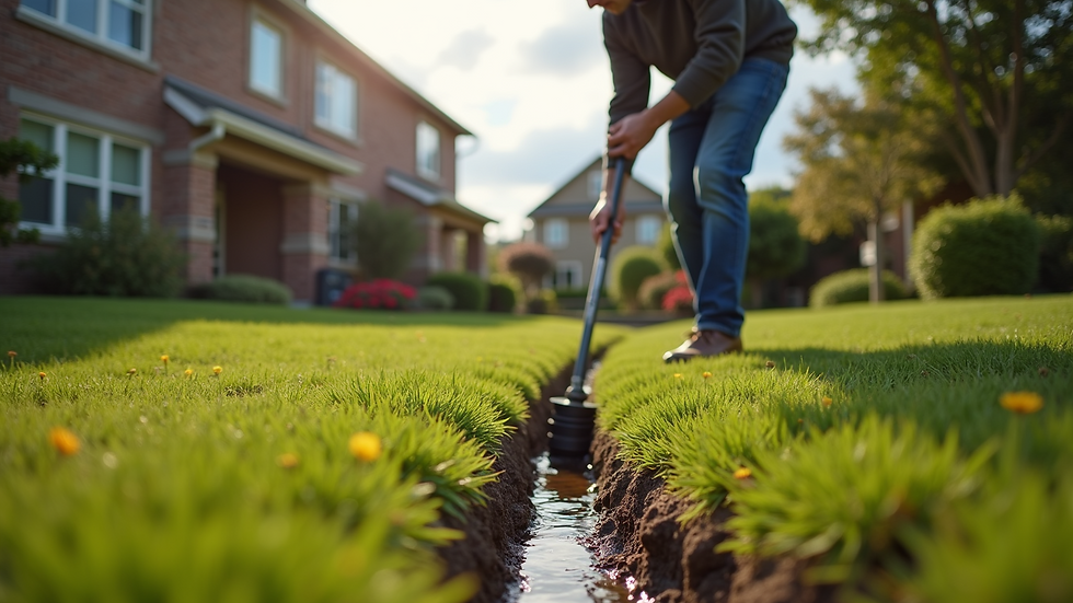 Eye-level view of a homeowner inspecting yard drainage