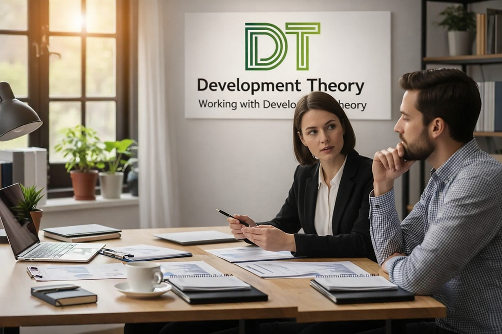 Two professionals in an office discuss documents at a table. A "Development Theory" sign is in the background, with sunlight streaming in.