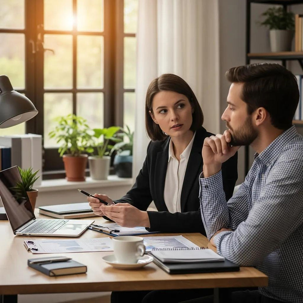 Two professionals in an office discuss documents at a table. A "Development Theory" sign is in the background, with sunlight streaming in.