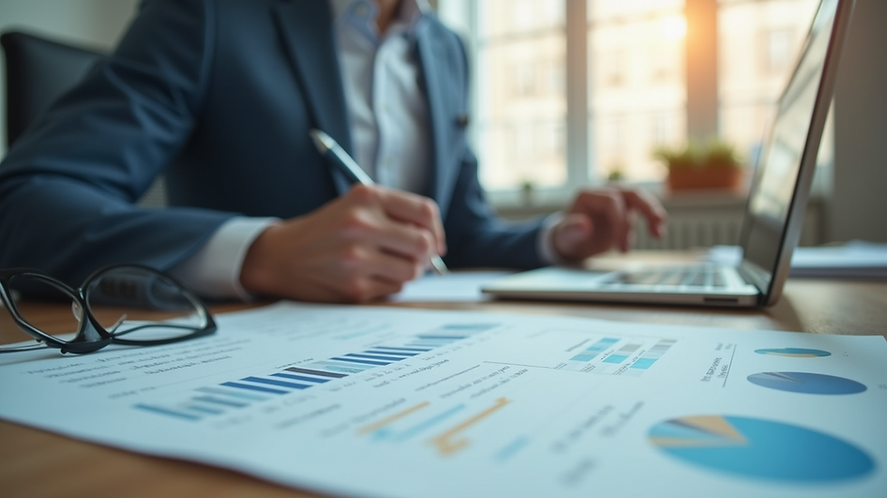 Eye-level view of an office with a modern desk and financial documents