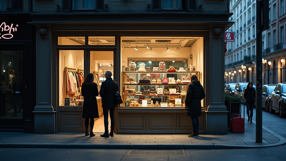 High angle view of a small business storefront with customers