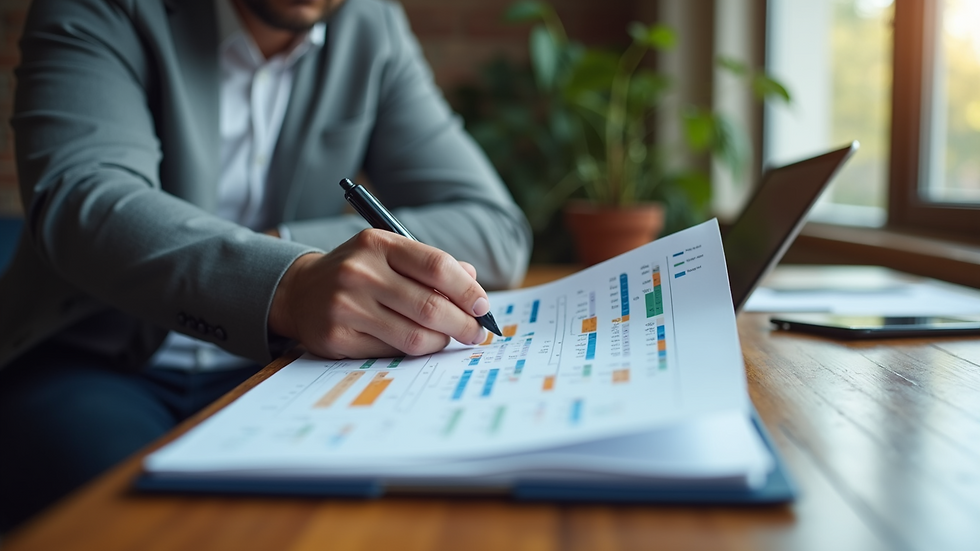 Eye-level view of a small business owner reviewing a strategic plan on a laptop