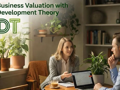 A professional business consultant and client discussing business valuation with a laptop showing growth charts in a modern, plant-filled office with the text "Business Valuation with Development Theory" and "DT" logo.