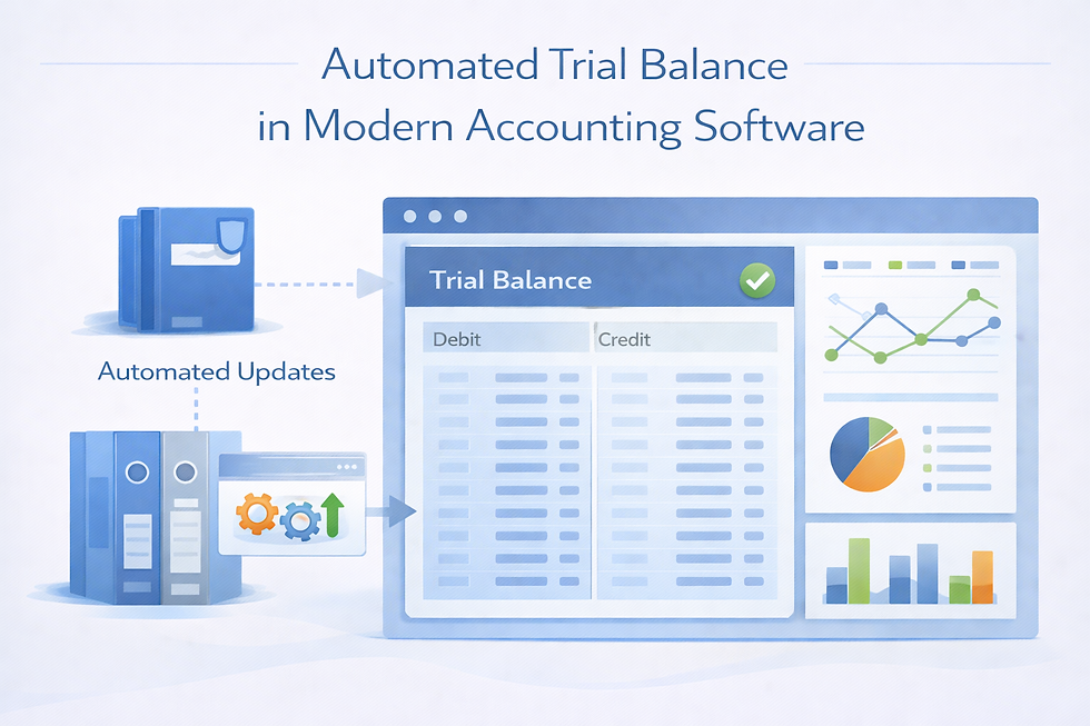 Modern accounting software interface showing automated trial balance with graphs and charts. Blue theme with text: Automated Updates.