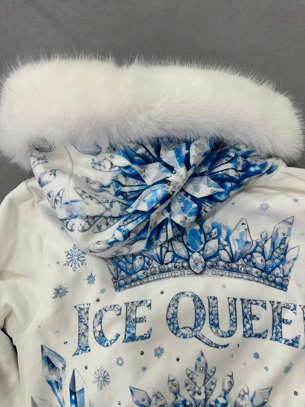 White Ice Queen hoody back view with hood