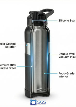 Cutaway infographic showing double-wall vacuum insulation and stainless steel construction by SGS Photography.