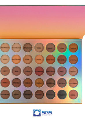 An open eyeshadow palette displaying 35 different shades of nude and brown tones.