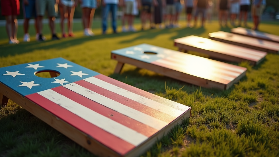 High angle view of a group playing cornhole with patriotic-themed boards