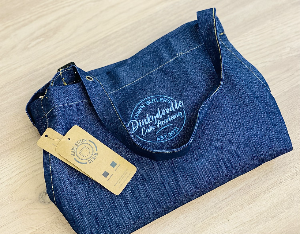 Dinkydoodle Academy logo denim apron