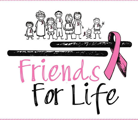 The organization's logo is shown. It features the words "Friends for Life" along with black and pink lines and a pink breast cancer ribbon. There is a group of varied people of all ages holding hands along the top of the design.