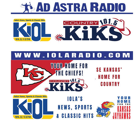 The Ad Astra Radio logo is shown. It's blue and features a silhouette of John Brown holding a guitar. The KiOL logo is shown featuring blue and gold. The KiKS Country 101.5 logo is shown featuring red and black with a cowboy hat and spurs. www.iolaradio.com KiKS is your home for the Chiefs and SE Kansas' home for country! KiOL is Iola's news, sports & classic hits and your home for the Kansas Jayhawks.