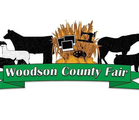 Woodson County Fair is shown on a green ribbon with wheat, photos, an artist palette, sewing machine, lamp, steer, horse, and pig.