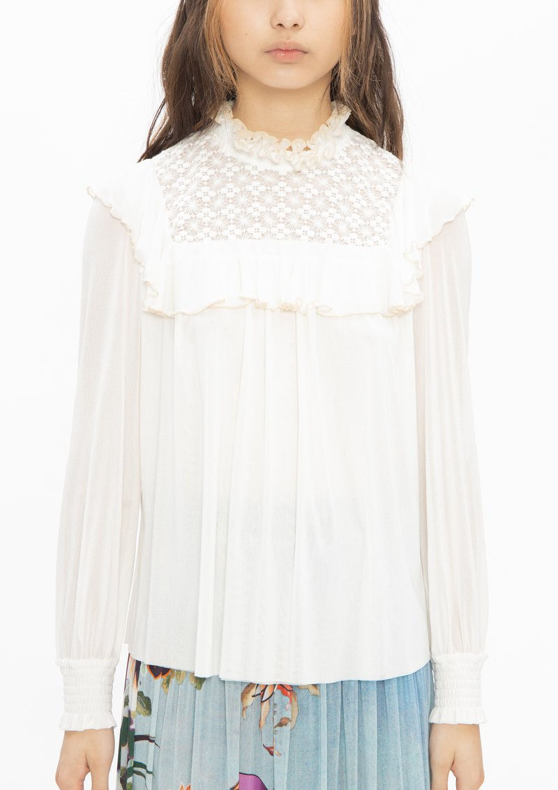 Thumbnail: Vivienne Tam Ruffle Lace Stretch Netting Blouse - Cream