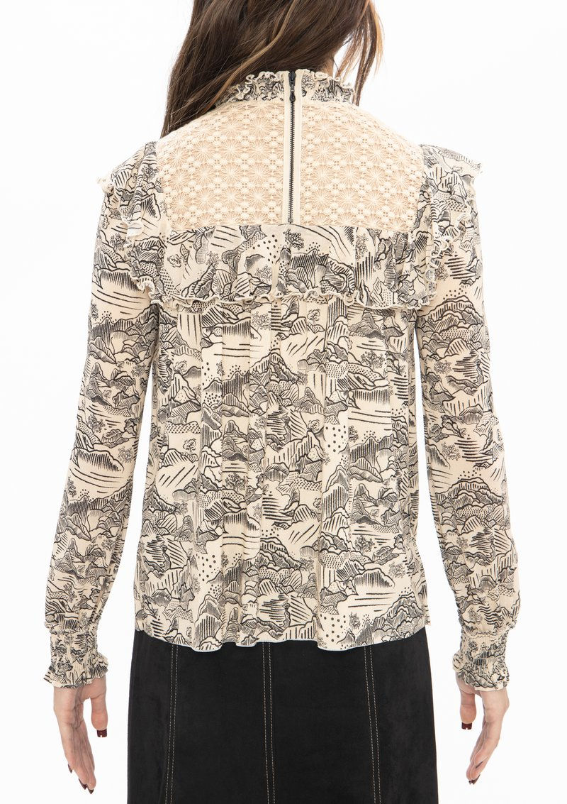 Thumbnail: Vivienne Tam Landscape Ruffle High Collar Blouse - Cream/Black