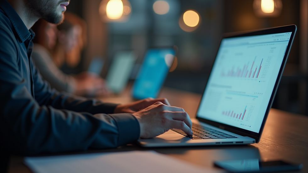 Close-up view of a person analyzing data on a laptop