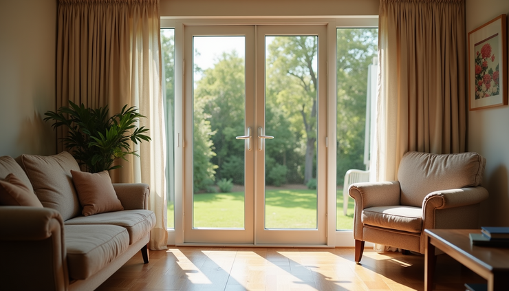 Eye-level view of a cozy assisted living room with a window showing a garden outside