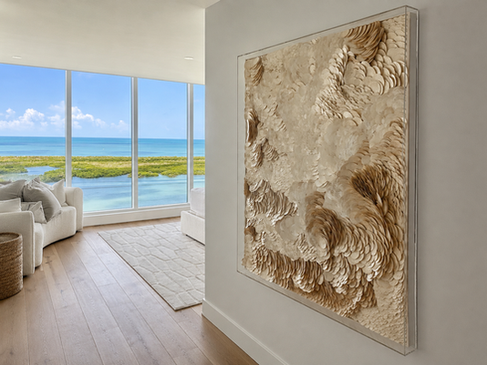Capiz shell artwork from the LUMEN series displayed in a custom acrylic shadowbox in a luxury waterfront home at Kalea Bay.