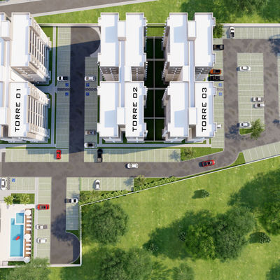 Vista aérea do condomínio Fit One, mostrando as três torres, guarita de entrada, estacionamento e área de lazer com quadra e piscina.