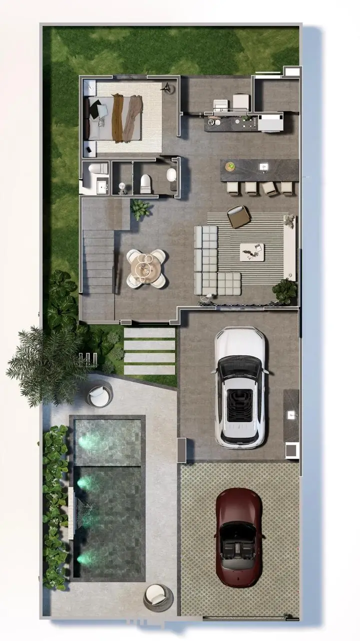 Planta baixa do térreo com 1 suíte, garagem para dois carros, piscina privativa e demais cômodos