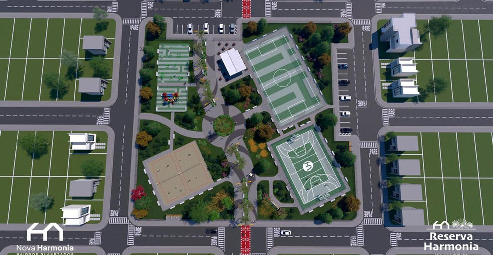 Vista superior da área comunitária do Loteamento Reserva Harmonia, com quadras esportivas e espaço recreativo para moradores.