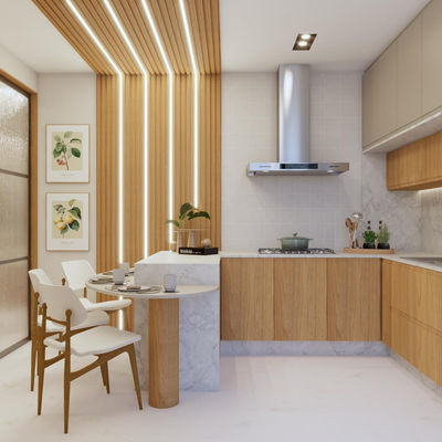 Cozinha compacta com design moderno, luminárias embutidas e elementos em madeira no Fort-de-France Residence.