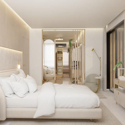 Suíte principal com decoração moderna e closet integrado no condomínio Fort-de-France Residence.