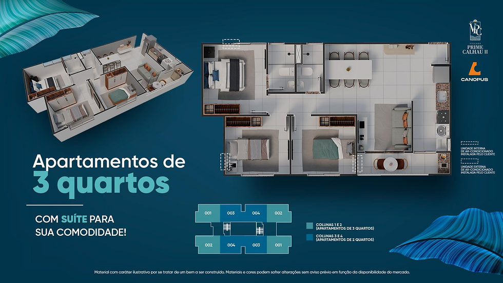 Imagem da planta baixa de um apartamento de 3 quartos com suíte, disponível no empreendimento Prime Calhau II em São Luís, destacando amplos espaços e praticidade.