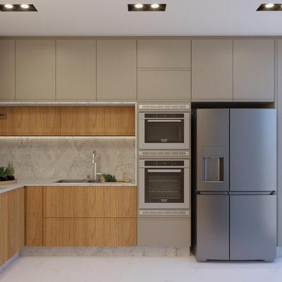 Cozinha planejada e moderna no Fort-de-France Residence, com eletrodomésticos embutidos e acabamentos em madeira.