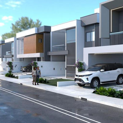 Vista das casas duplex na rua interna do Condomínio Villa Brunet