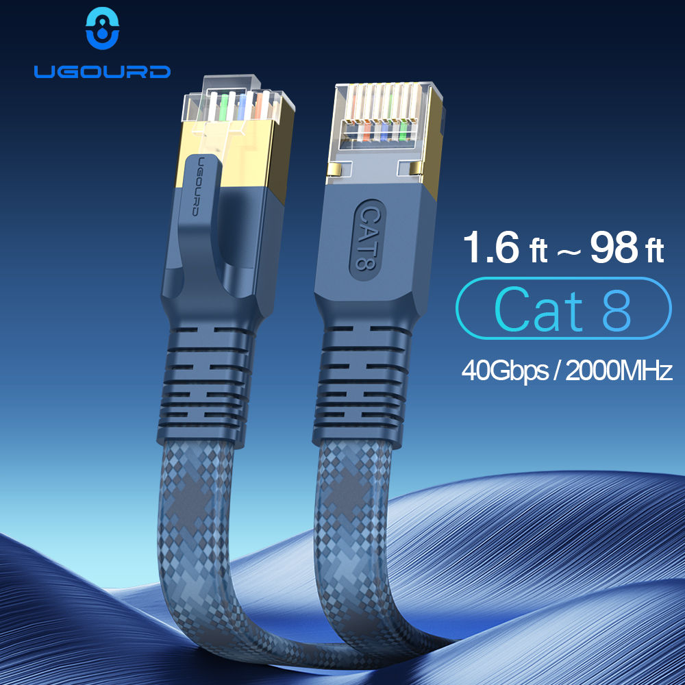 CAT 8 Flat Network Internet Cable 40Gbps 2000MHz Round RJ45 Nylon Braided LAN Ca