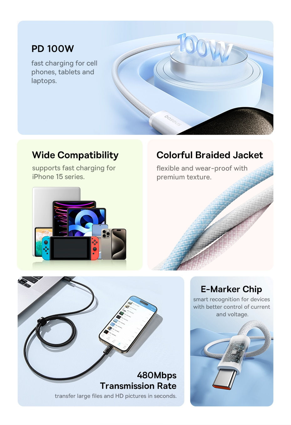 Thumbnail: Baseus 100W Type C To USB C Cable For iPhone 16 15 Fast Charging Charger Cord Fo
